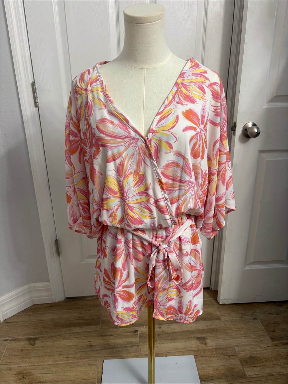 Pink Lily Floral Wrap Romper in White, Pink, Orange, Yellow